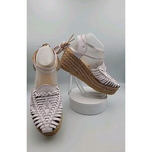 NEW-White Mexican Leather Womens  9 Huarache Wedge Platform Sandal